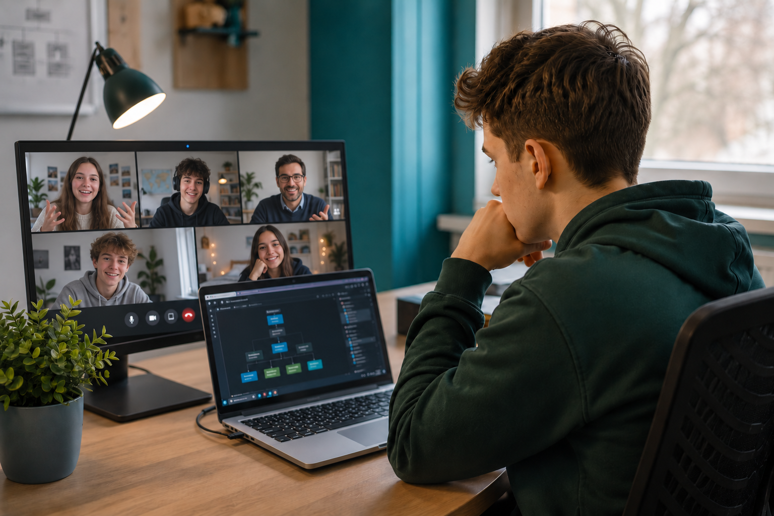 KI-generiertes Motiv: Ein Jugendlicher nimmt von zu Hause an einem Videomeeting mit anderen Jugendlichen und einem Mentor teil